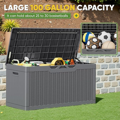 Greesum Outdoor Storage Box 100 Gallon Storage Bin with Lid for Patio Furniture, Garden Tools, Pool Supplies, Lockable, Waterproof and UV Resistant, Gray