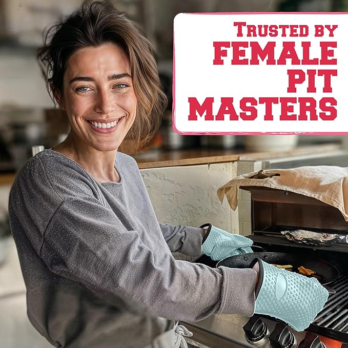 KITCHEN PERFECTION S Silicone Smoker Oven Gloves for Women -Extreme Heat Resistant BBQ Gloves -Handle Hot Food Right on Your Grill Fryer |Waterproof Oven Mitts for Cooking |Superior Set+3 Bonuses