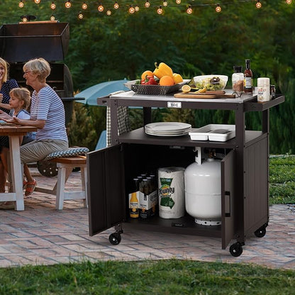 Outdoor Grill Cart with Stainless Steel Tabletop and Storage Cabinet, Movable Kitchen Island with Wheels for BBQ Food Prep, Brown