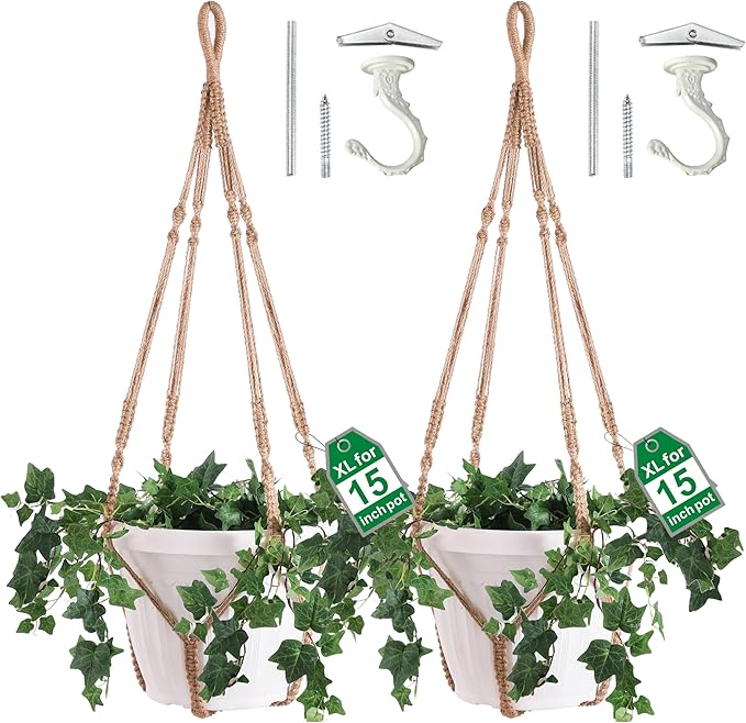 2 Pack Giant XXL 55 Inches Macrame Planter Hanger Large for 15 inch Pot + Swag Hook | Extra Large Hanging Planter for Indoor Plants | No Pot/Plant Included (XXL Jute)