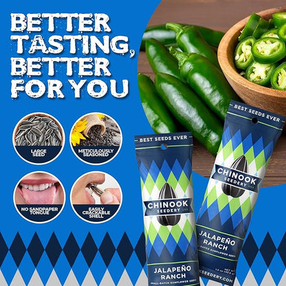 Chinook Seedery Low Sodium Sunflower Seeds – Jalapeno Ranch Flavor, Pack of 36, 1.5oz – Sunflower Seeds to Eat – Keto, Jumbo, Roasted, Baseball Snacks