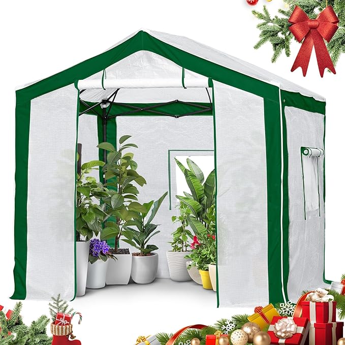 EAGLE PEAK 8x8 Portable Walk in Greenhouse with Polyester Reinforced Corners, Heavy Duty Instant Pop Up Indoor Outdoor Green House, Front Roll Up Zipper Entry Door and Mesh Windows, Green/White