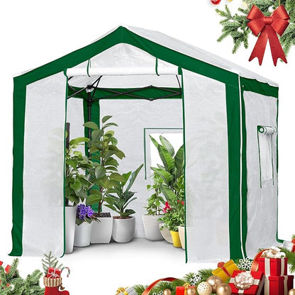 EAGLE PEAK 8x8 Portable Walk in Greenhouse with Polyester Reinforced Corners, Heavy Duty Instant Pop Up Indoor Outdoor Green House, Front Roll Up Zipper Entry Door and Mesh Windows, Green/White
