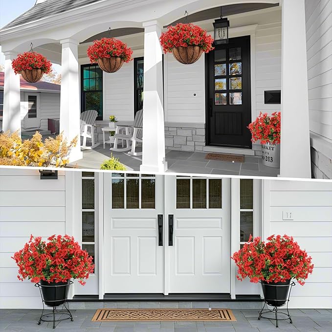 Hananona 24 Pcs Artficial Outdoor Flowers with Hanging Baskets, 2 Pack Hanging Planter with Red Outdoor Spring Flowers for Christmas Porch Home Patio Yard Decor (2, Red)
