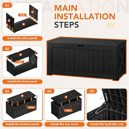 130 Gallon Deck Box Outdoor Indoor Waterproof Storage Box for Patio Furniture, Pool Accessories, Garden Tools, and Cushion Storage, Black