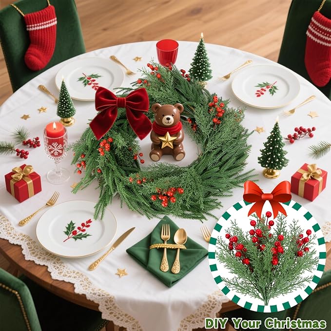 4 Bundles 140 Pcs Artificial Christmas Flowers with Red Berry Stems, Fake Norfolk Pine Garland Branches for Winter Decor, Faux Christmas Garland Tree Picks and DIY Crafts (Pine Foliage)