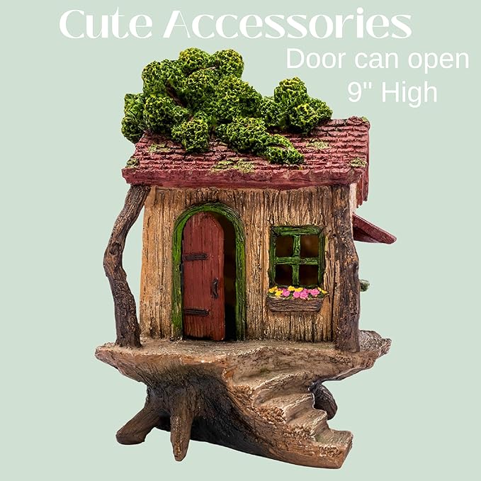 PRETMANNS Fairy House Kit - Fairy Garden Accessories for Outdoor Miniature Village Decor, with Three Fairies - House, 9" High & Treehouse Door can Open Wide - 4 Piece Supplies