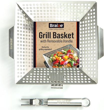 Heavy-Duty Stainless Steel Grill Basket – 12" x 13.75" Grilling Basket with Removable Handle – Large BBQ Basket for Vegetables, Fish & Meat