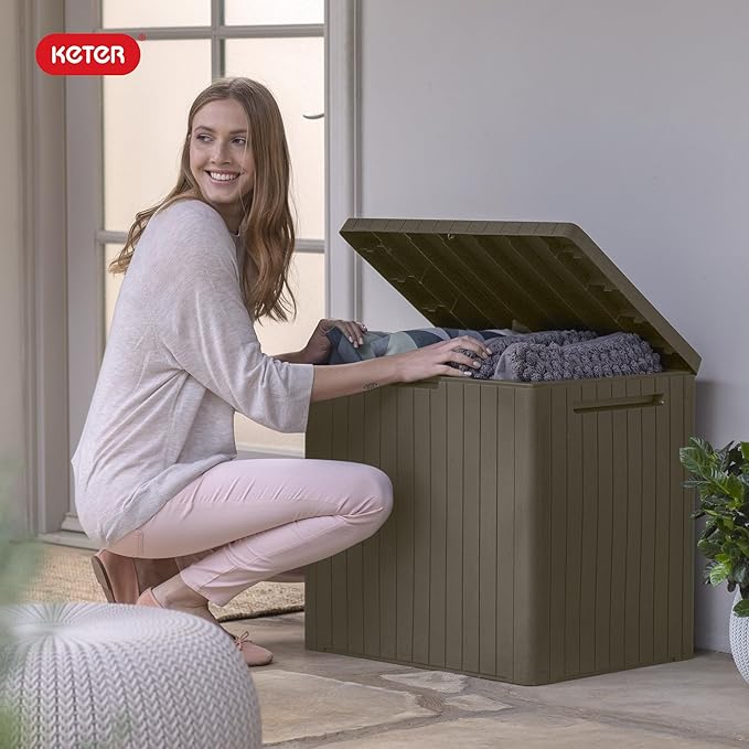 Keter City 30 Gallon Resin Outdoor Storage Box and Patio Furniture Side Table for Pool and Garden Accessories, Taupe