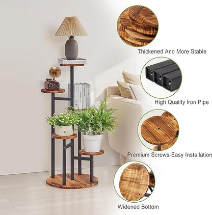 VECELO 5 Tier Plant Stand Indoor Outdoor, Tall Metal Wood Flower Shelf for Multiple Plants, Small Tiered Round Corner Display Rack, Planter Pot Holder for Patio Garden Balcony Living Room Bedroom
