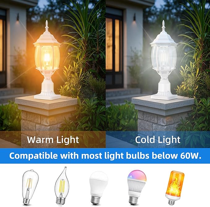 17” White Outdoor Post Light Fixture, Pole Mount Outside Light for Garden Entrance Driveway White Pillar Lantern 17 Inch Pier Mount Outdoor Lamp Post for Front Yard