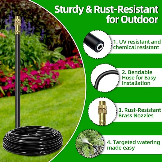 Drip Irrigation System for Garden - 60 Ft Drip Irrigation Kit with 19 360°Adjustable Copper Nozzles Hose, Automatic Atomizing Plant Watering Sprinkler System for Yard, Lawn, Greenhouse, Potted