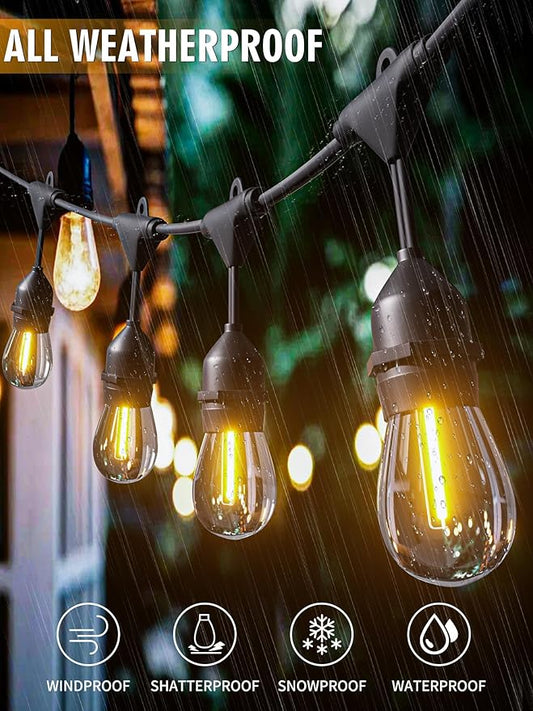 Outdoor String Lights LED 100FT Patio Lights with 32 Shatterproof S14 Dimmable Plastic Vintage Edison Bulbs and Commercial Grade Waterproof Strand Lights String for Porch Market Cafe String Lights
