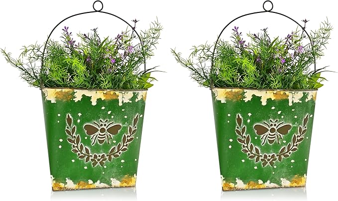 CVHOMEDECO. Farmhouse Wall Mount Metal Flower Pots Rustic Galvanized Bee Flower Holder Wall Hanging Pocket Planter for Indoor, Outdoor and Wall Decor, Set of 2 (Green)