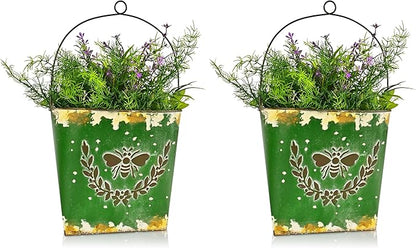 CVHOMEDECO. Farmhouse Wall Mount Metal Flower Pots Rustic Galvanized Bee Flower Holder Wall Hanging Pocket Planter for Indoor, Outdoor and Wall Decor, Set of 2 (Green)