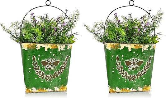 CVHOMEDECO. Farmhouse Wall Mount Metal Flower Pots Rustic Galvanized Bee Flower Holder Wall Hanging Pocket Planter for Indoor, Outdoor and Wall Decor, Set of 2 (Green)
