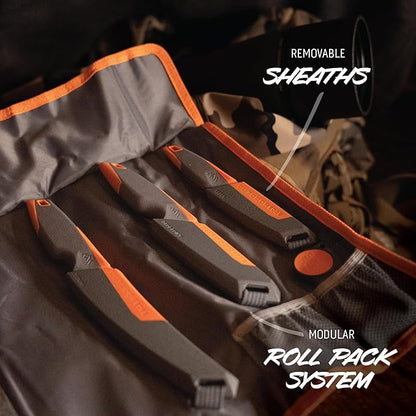 OUTDOOR EDGE VANTEX 4-Piece Roll Pack Hunting Knife Set - Includes Drop-Point, Boning, Caping Knives & Sharpener - Great Elk and Deer Field Dressing Processing Kit for Hunters