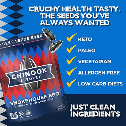 Chinook Seedery Roasted Sunflower Seeds - Jumbo Seeds Keto Snacks - Best For Snack Packs - Gluten Free, Non GMO Snack Food Gifts - 4 Ounce (Pack of 3) - Smokehouse BBQ Flavor Pack