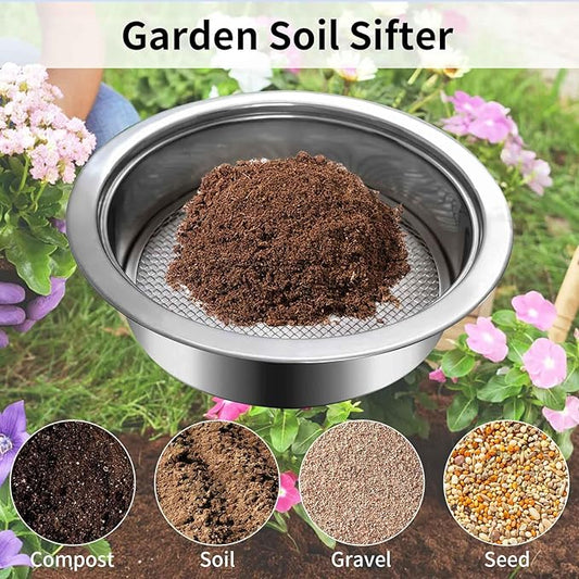 3PCS Interchangeable Mesh Soil Sifter for Gardening - 3/6/9mm Stainless Steel Stackable Sieve with Soil Scoop, Ideal for Dirt Sand Rock Compost Filtration