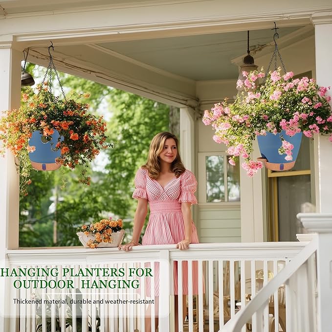 Hanging Planters for Indoor Plants 8 Inch, 2 Pack Hanging Baskets for Plants, Self Watering Hanging Flower Pots with Drainage Hole & 2 Kinds of Plant Hangers for Garden Home Decor (Navy Blue, 8 inch)