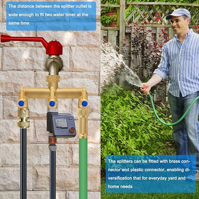 Brass Garden Hose Splitter, 3 Way Hose Splitter, Outdoor Hose Splitter, GHT 3/4 in. Female Inlet and 3 Way 3/4 in. Male Outlet for Regulating and Shutting Off Water Flow