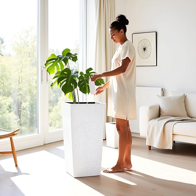 23in Tall Planter Set of 2, Large Self Watering Pots for Indoor/Outdoor Plants with Drain Holes, Water Level Monitor, Inner Bucket for Front Porch Patio, White Rattan