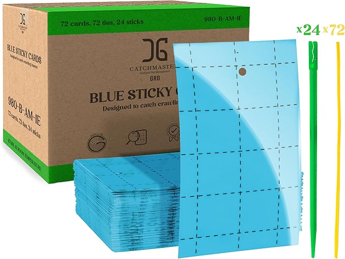 Catchmaster GRO Blue Regular Double Sided Sticky Traps 72PK, Adhesive Bug & Fruit Fly Trap, Pest Control for Home, Farm, Garden, Hydroponics & Greenhouse, Protect Live Plants Indoor & Outdoor