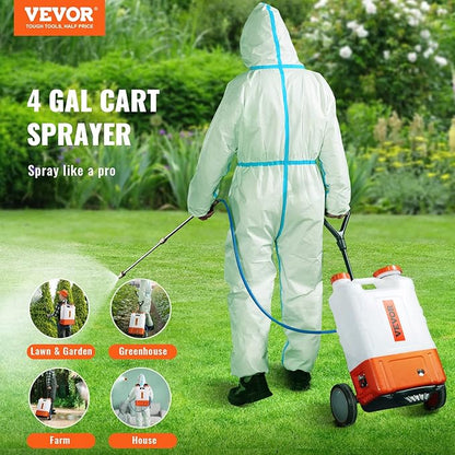 VEVOR 4 Gallon Battery Powered Backpack Sprayer with Wheeled Cart, Adjustable 0-94 PSI, 13FT Hose, 6 Nozzles, 2 Wands Included, Wide Mouth Lid for Weeding, Cleaning, Long Spray Time, White+Orange