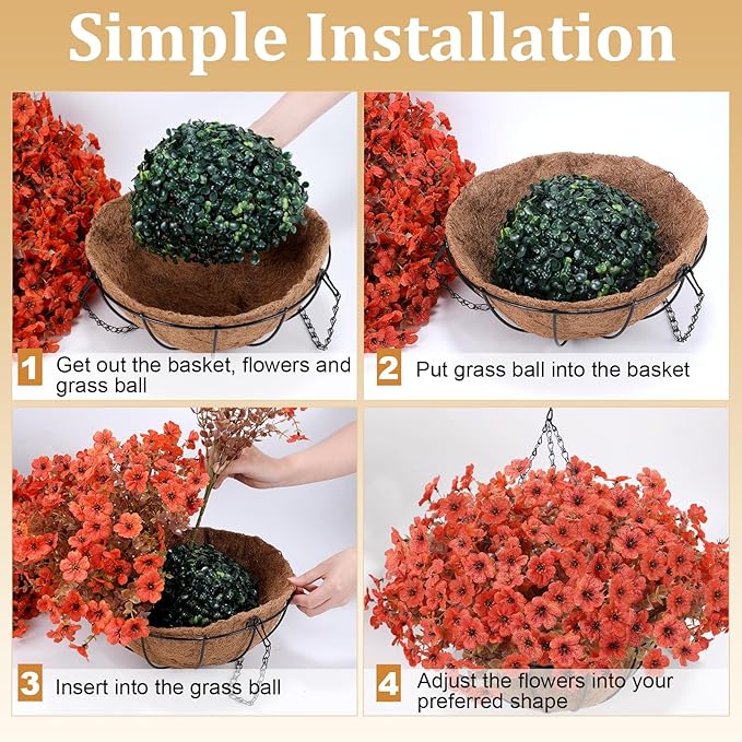 Geegoods Artificial Hanging Baskets for Outdoors Decoration, 24 Pcs Artficial Outdoor Flowers with Hanging Baskets UV Resistant Look Real Orange Mums for Autumn Porch Patio Balcony Yard Home Decor
