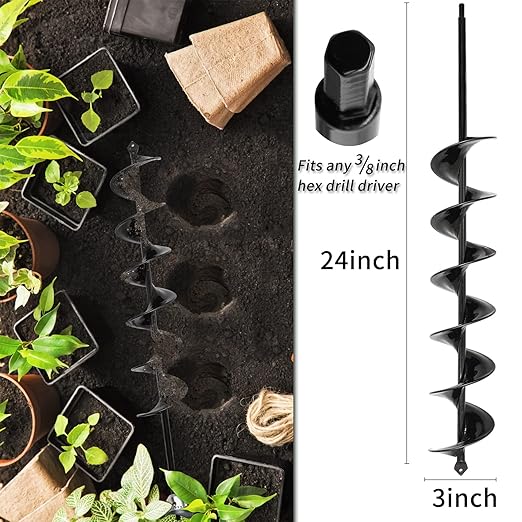 TCBWFY 3x24 Inch Auger Drill Bit for Planting - Easy Planter Garden Auger - Bulb & Bedding Plant Augers - Post Hole Digger for 3/8”Hex Drive Drill