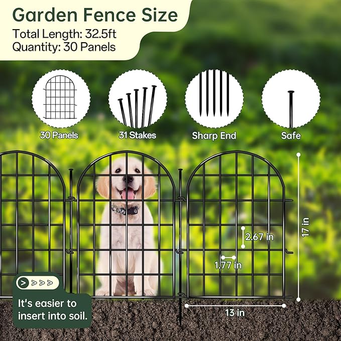 32.5 ft(L) x 22 in(H) Garden Fence, 30 Panels Arched No Dig Fence, Decorative Animal Barrier Fencing with Ground Stake, Rustproof Metal Garden Edging Border for Dog, Rabbit, Outdoor Yard Patio Decor