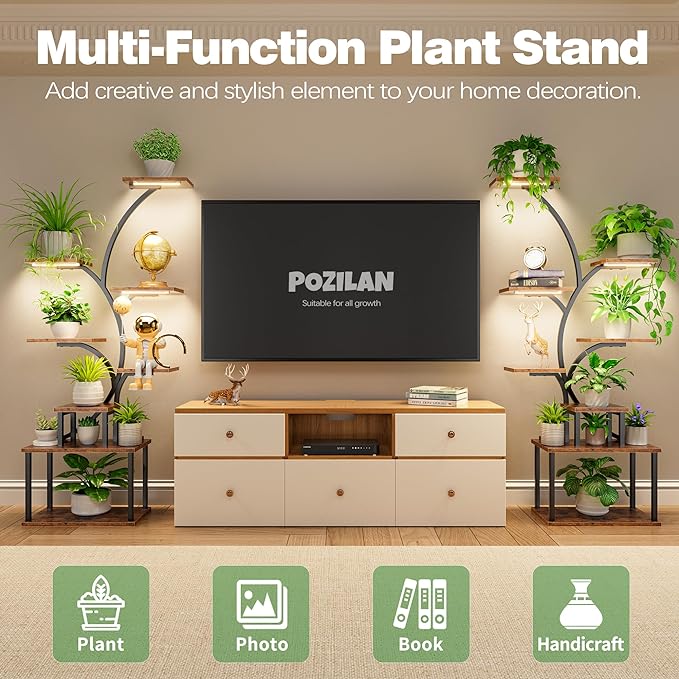 POZILAN Plant Stand Indoor with Grow Light, 8-Tiered Tall Plant Stands for Indoor Plants Multiple, Metal Plant Shelf Display Rack Holder, Flower Stand for Indoor Plants, Living Room, Garden, Patio