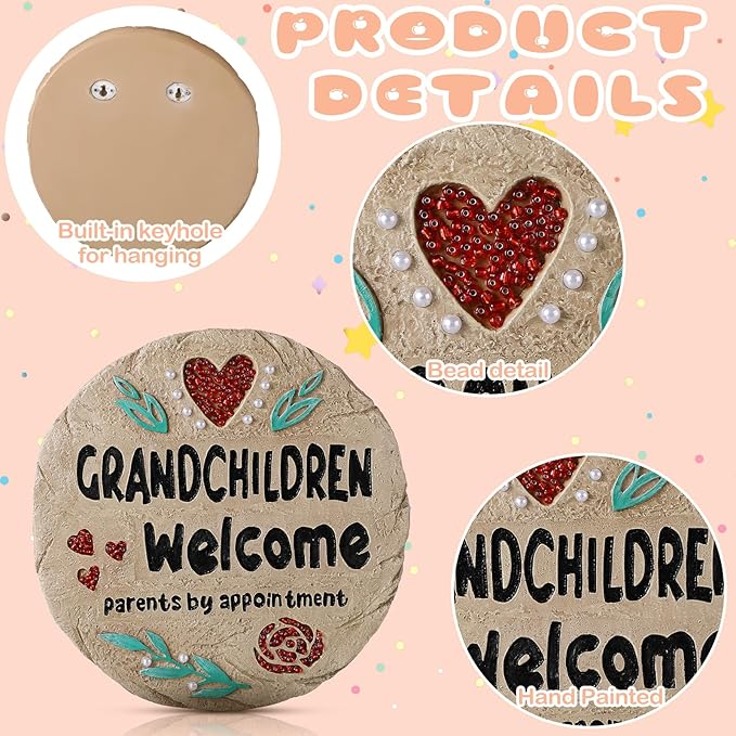 Grandchildren Welcome Stepping Stone - 10 Inch Resin Grandparents Gift, Spring Home Decoration for Lawn