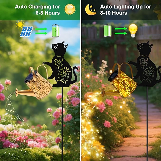Solar Lights Outdoor, 2 Pack Black Cat Solar Watering Can Lights, Birthday Gifts for Women Mom Cat Lover Mother's Day Christmas, Waterproof Hanging Lantern Garden Decor Outside Patio Yard Pathway