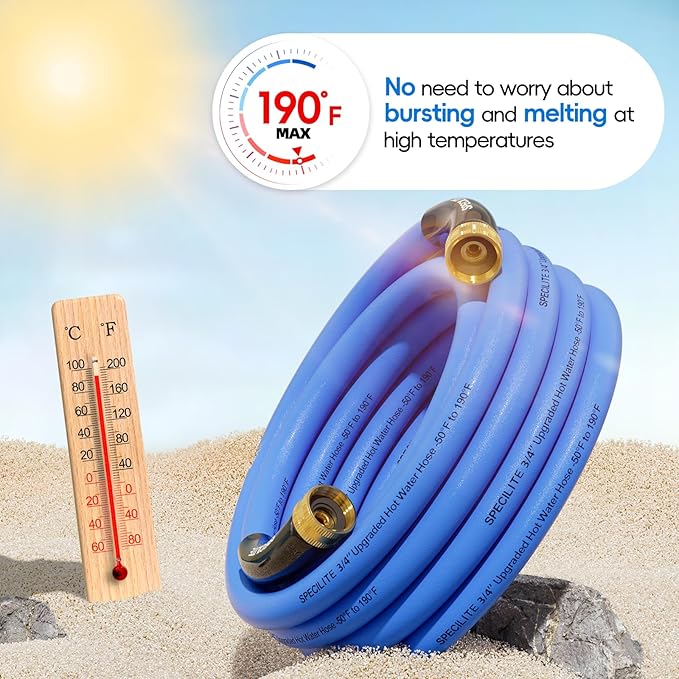 SPECILITE Female to Female Hot/Cold Garden Water Hose 15 ft x 3/4 Inch for Hose Reel, -50℉To 190℉, Heavy Duty, Flexible, Burst 605 Psi, Rubber Extension Pipe with 3/4" Brass Fittings