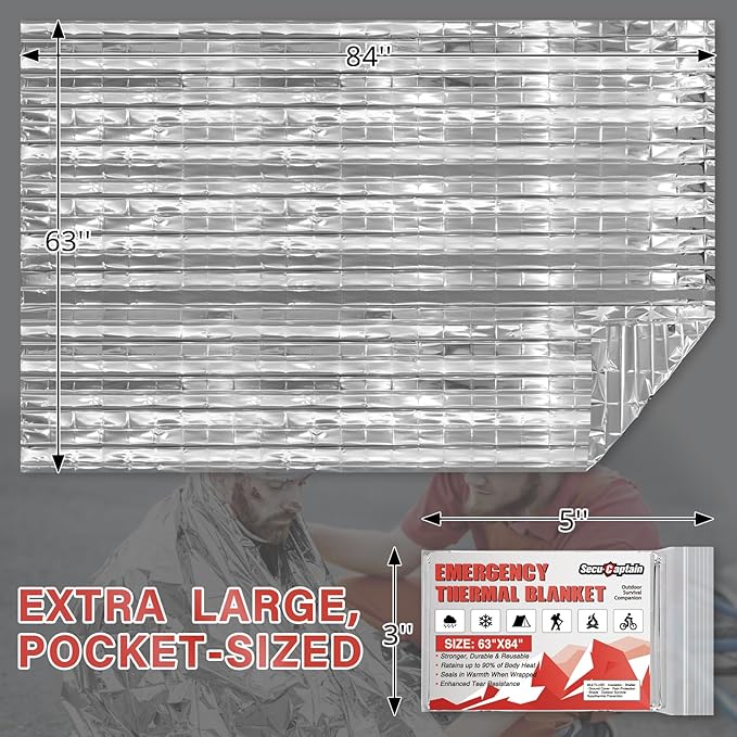SecuCaptain Survival Emergency Thermal Blankets: 100 Pack Extra Large 84” x63” Space Mylar Blanket Kit for Outdoor Cold Winter Camping Hiking Car Bug Out Bag or First Aid