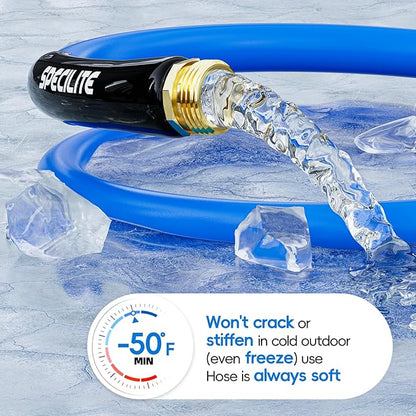 SPECILITE Hot/Cold Garden Water Hose 200 ftx 3/4 in, -50℉ To 190℉, Heavy Duty, Flexible, Burst 605 Psi, Lightweigh, Upgraded Rubber Pipe with 3/4" Brass Fittings For Backyard, Outdoor, Farm, Blue