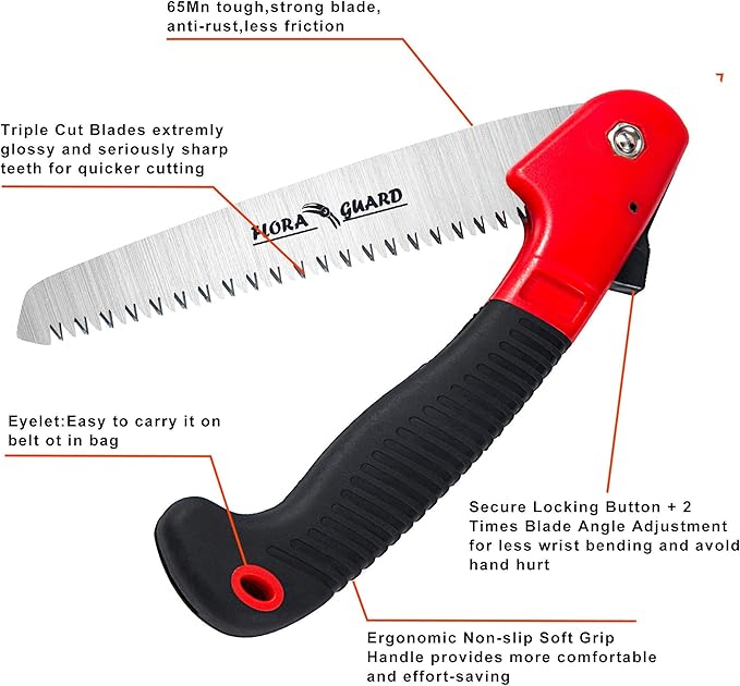 FLORA GUARD 7.7-Inch Folding Saw, Pruning Hand Saw with Triple-Cut Razor Teeth for Wood Cutting, Tree Trimming, and Camping