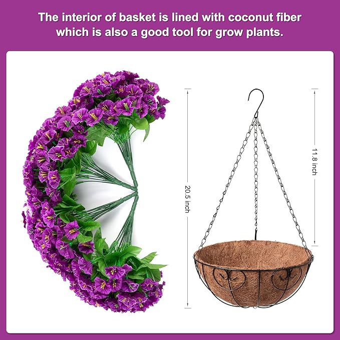 Artificial Hanging Flower Plants with Basket for Spring Summer Outdoor Decoration, Faux Petunias Flowers Fake Morning Glory Planter for Outside Patio Garden Porch Balcony Yard Decor(Lotus)