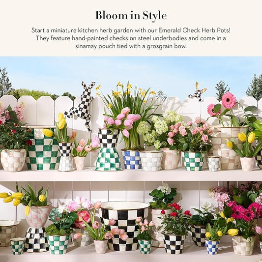 MACKENZIE-CHILDS Enamel Herb Pots, Small Plant Pots for Herbs or Flowers, Set of 3, Green-and-White Emerald Check