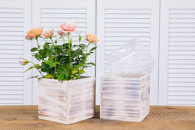 Wooden Planter Box, Rustic Whitewash with Plastic Liner l Garden Decor l Restaurant and Wedding Decorations l Wedding Bouquets, Table Centerpiece (5x5 Set of 4, Whitewash)