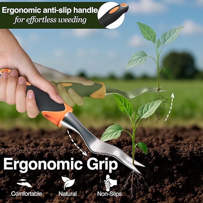 Alloy Steel Weed Puller Tool with Ergonomic Orange & Black Handle | Heavy Duty Weeding Tool for Effortless Root Removal | Durable Hand Tool for Garden & Lawn Weeding Tools Gardening