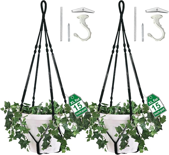 2 Pack Giant XXL 55 Inches Macrame Planter Hanger Large for 15 inch Pot + Swag Hook | Extra Large Hanging Planter for Indoor Plants | No Pot/Plant Included (XXL Black)