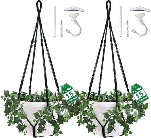 2 Pack Giant XXL 55 Inches Macrame Planter Hanger Large for 15 inch Pot + Swag Hook | Extra Large Hanging Planter for Indoor Plants | No Pot/Plant Included (XXL Black)