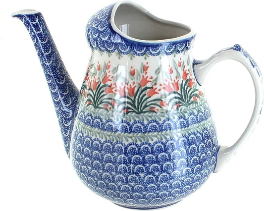 Blue Rose Polish Pottery - Orange Spring Tulip Watering Can - 8" Tall - Polish Pottery Watering Can, for The Garden, Patio or Indoor Décor