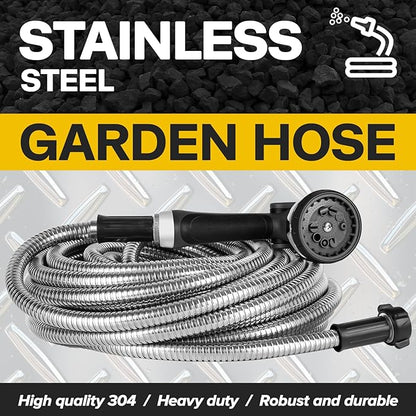 Metal Garden Hose Water Hose 100ft Heavy Duty Stainless Steel Water Pipe with Sprayer & Nozzle Flexible Lightweight Hose No Kink Pet Proof Hose for Yard, Outdoors, Rv