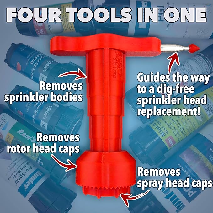 Sprinkler Head Removal Tool 4-in-1, Replace Your Sprinklers Without Digging in Under 2 Minutes, Most Brands Rainbird Toro Orbit Hunter K-Rain, Upgraded Tool Made in USA, Rust-Proof Sprinkler Shirt