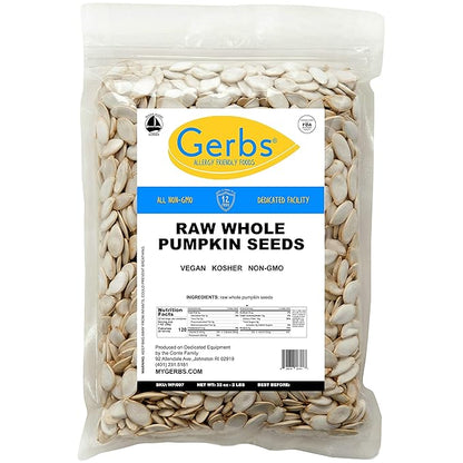 Gerbs Raw Whole Pumpkin Seeds 2 lbs. | In-Shell, 10.5 mm Size, Resealable Bag | Mildly Nutty & Crunchy | Top 14 Allergen-Free