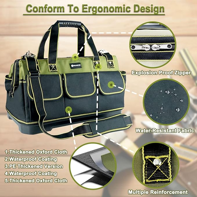 20inch Tool Bag for Men Women Heavy Duty with Waterproof Molded Base Large Tool Bag, Wide Mouth Tool Tote, Artisan Carpenter Electricians Tool Bags,Adjustable Shoulder Strap Organizer
