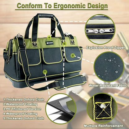 20inch Tool Bag for Men Women Heavy Duty with Waterproof Molded Base Large Tool Bag, Wide Mouth Tool Tote, Artisan Carpenter Electricians Tool Bags,Adjustable Shoulder Strap Organizer